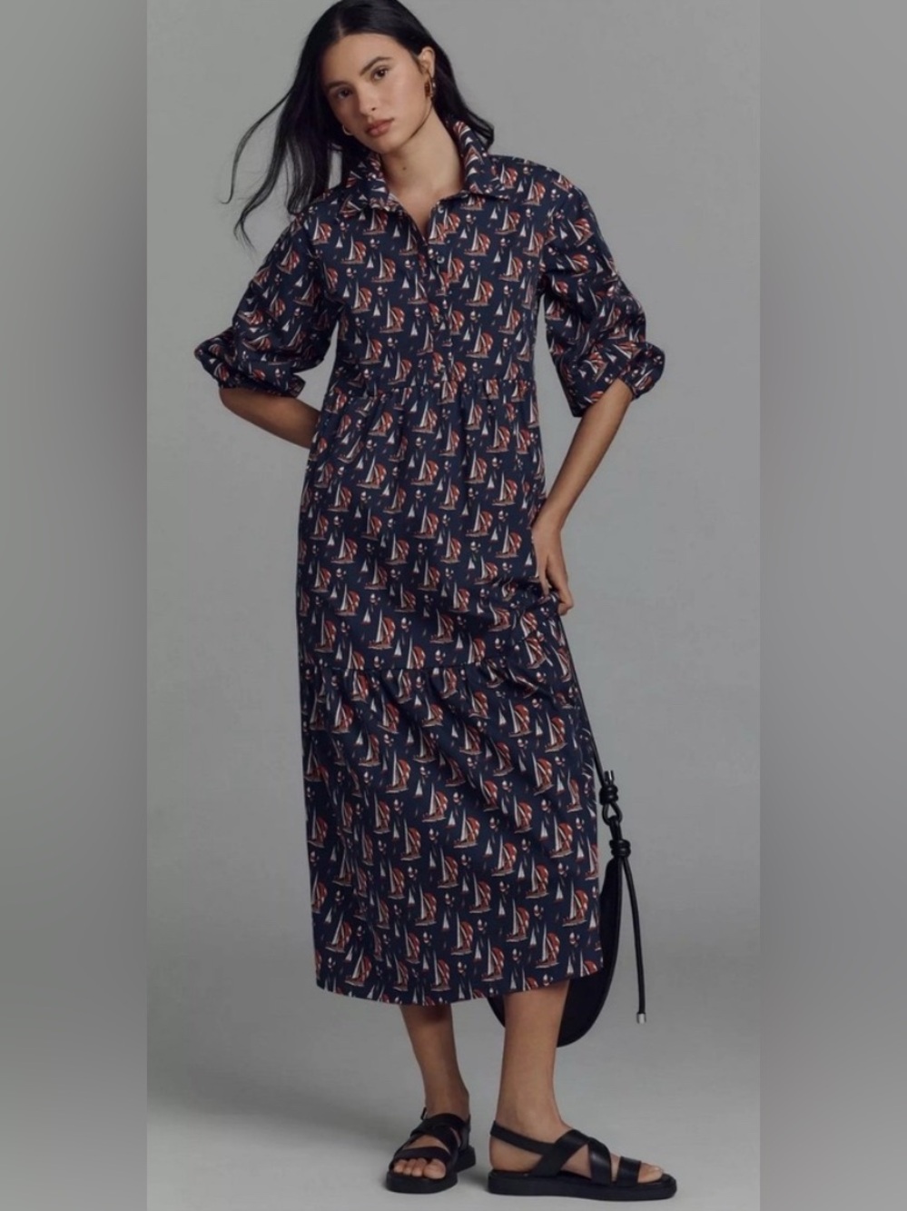 Anthropologie 1X Maeve Bettina dress nautical preppy sailboat print midi dress